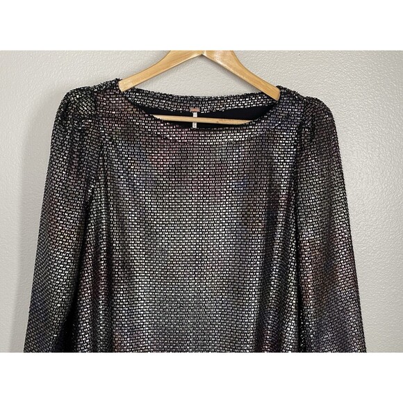Free People Diamonds Are Forever Irridescent Metallic Puff Sleeve Mini Dress S - Picture 5 of 15